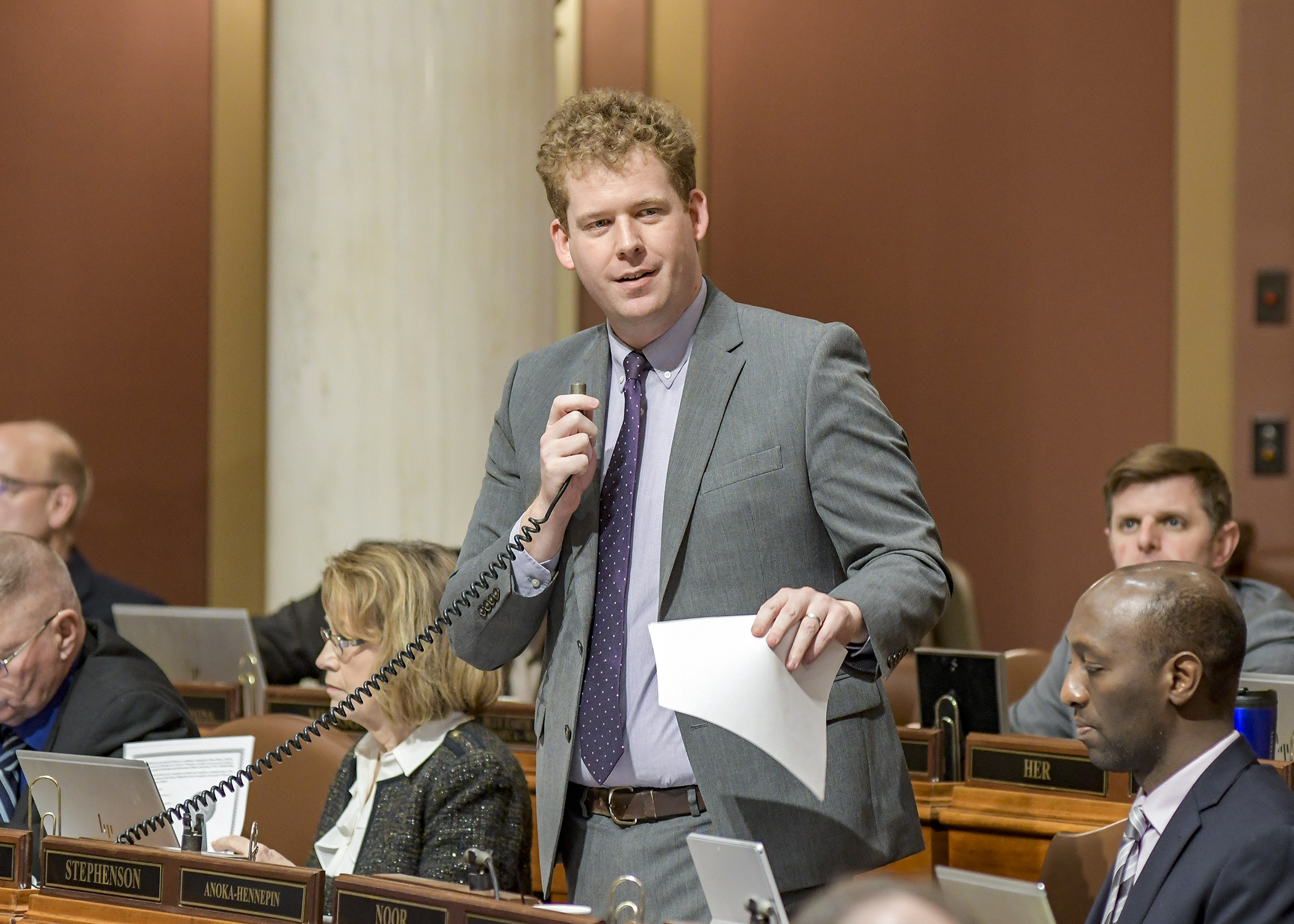 Rep. Zack Stephenson presents HF476 on the House Floor Feb. 28. Photo by Andrew VonBank